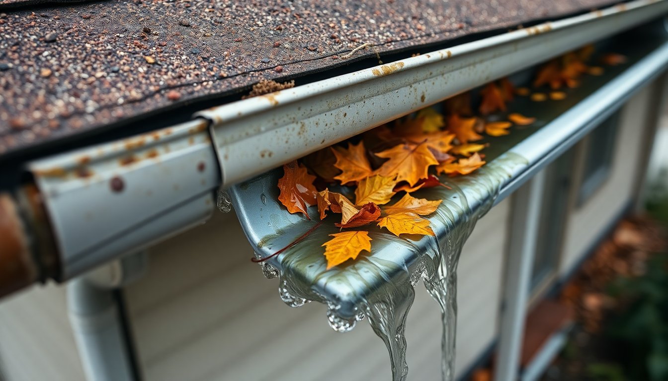 What Is Most Common Problem With Gutters? (Solutions & Prevention) 2 Damaged residential gutters showing common problems like clogs, sagging, and rust that homeowners frequently encounter