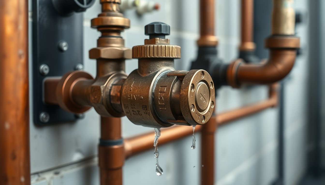 Backflow preventer valve installed on a residential water supply line to stop contaminated water from reversing into clean water pipes.