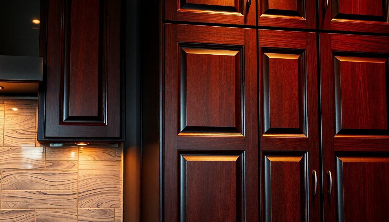 Antique glaze finishes on dark wood kitchen cabinets showcasing complementary color options