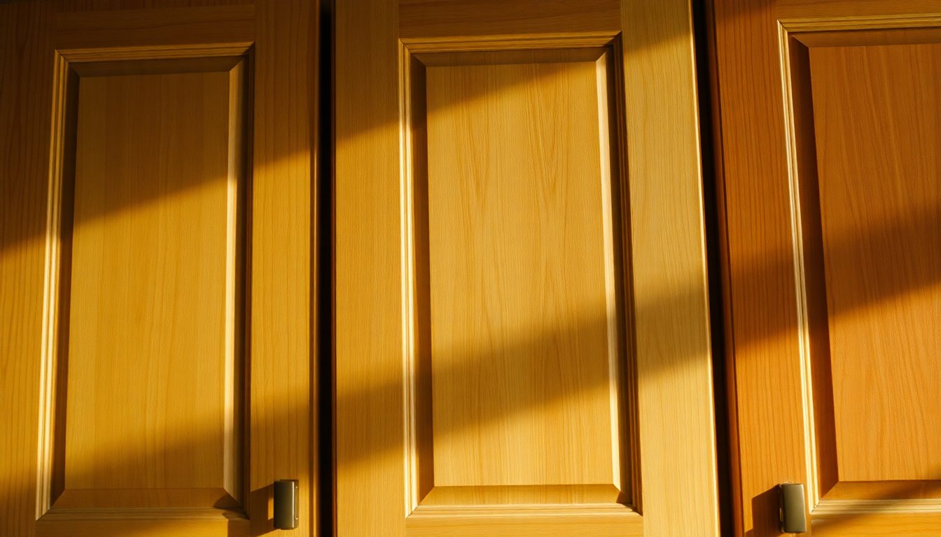 Comparison of different cabinet glaze types showing varying degrees of yellowing over time