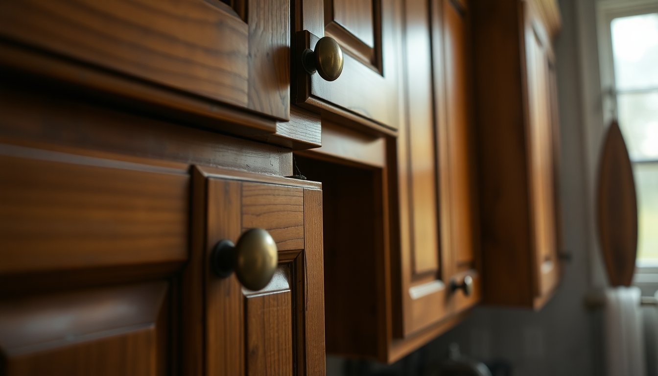 Signs Cabinets Need Antique Glaze Refinishing (Expert Guide) 2 Antique glaze refinishing applied to wooden kitchen cabinets showing distressed aged finish detail