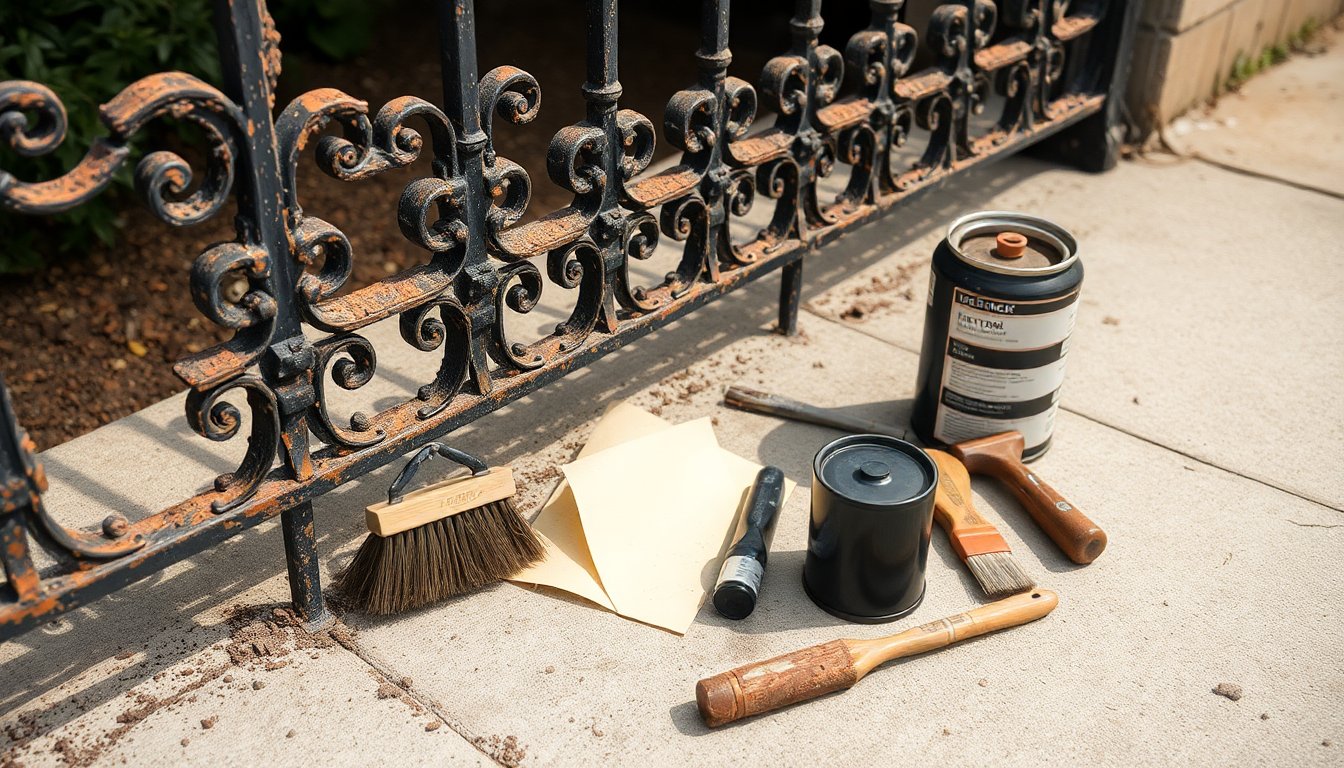 Wrought iron fence repair tools including wire brush, sandpaper, primer, paint, and welding equipment laid out on workbench