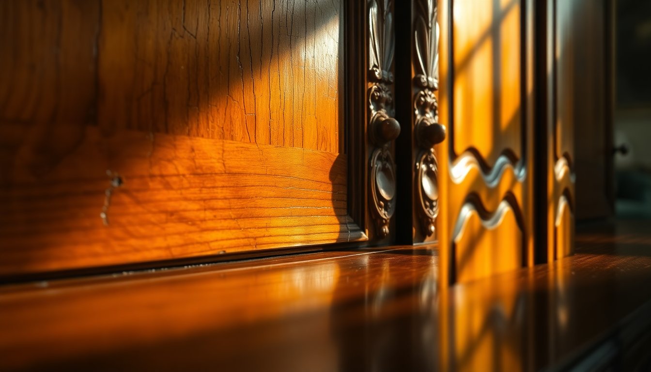 Antique glaze cabinet finish showing aged, distressed detailing on wood kitchen cabinetry.