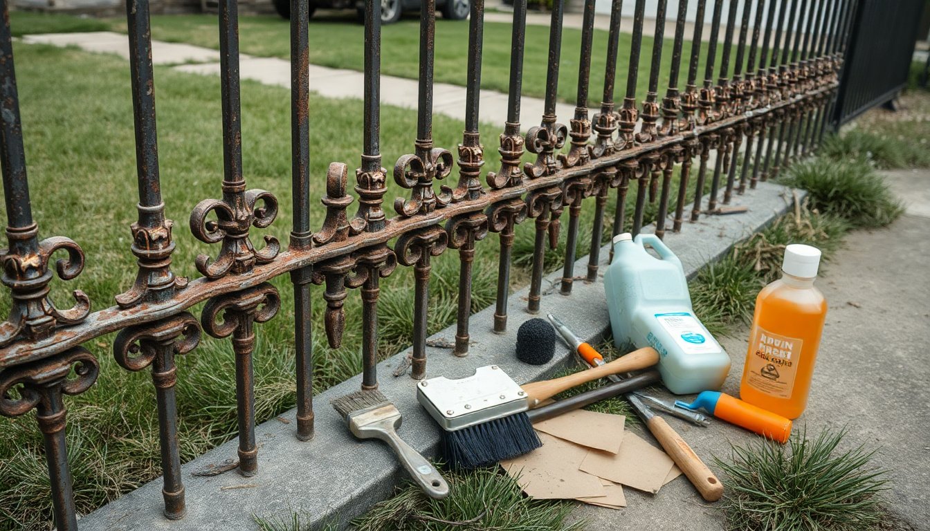 Person removing rust from black wrought iron fence with wire brush and rust removal tools step-by-step process