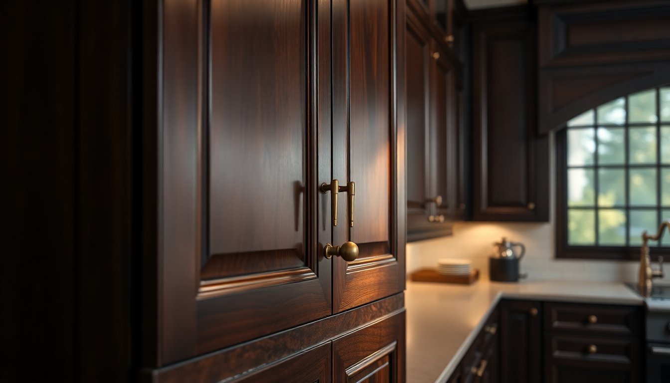 Dark wood kitchen cabinets showcasing popular glaze finish techniques for a rich, antique look