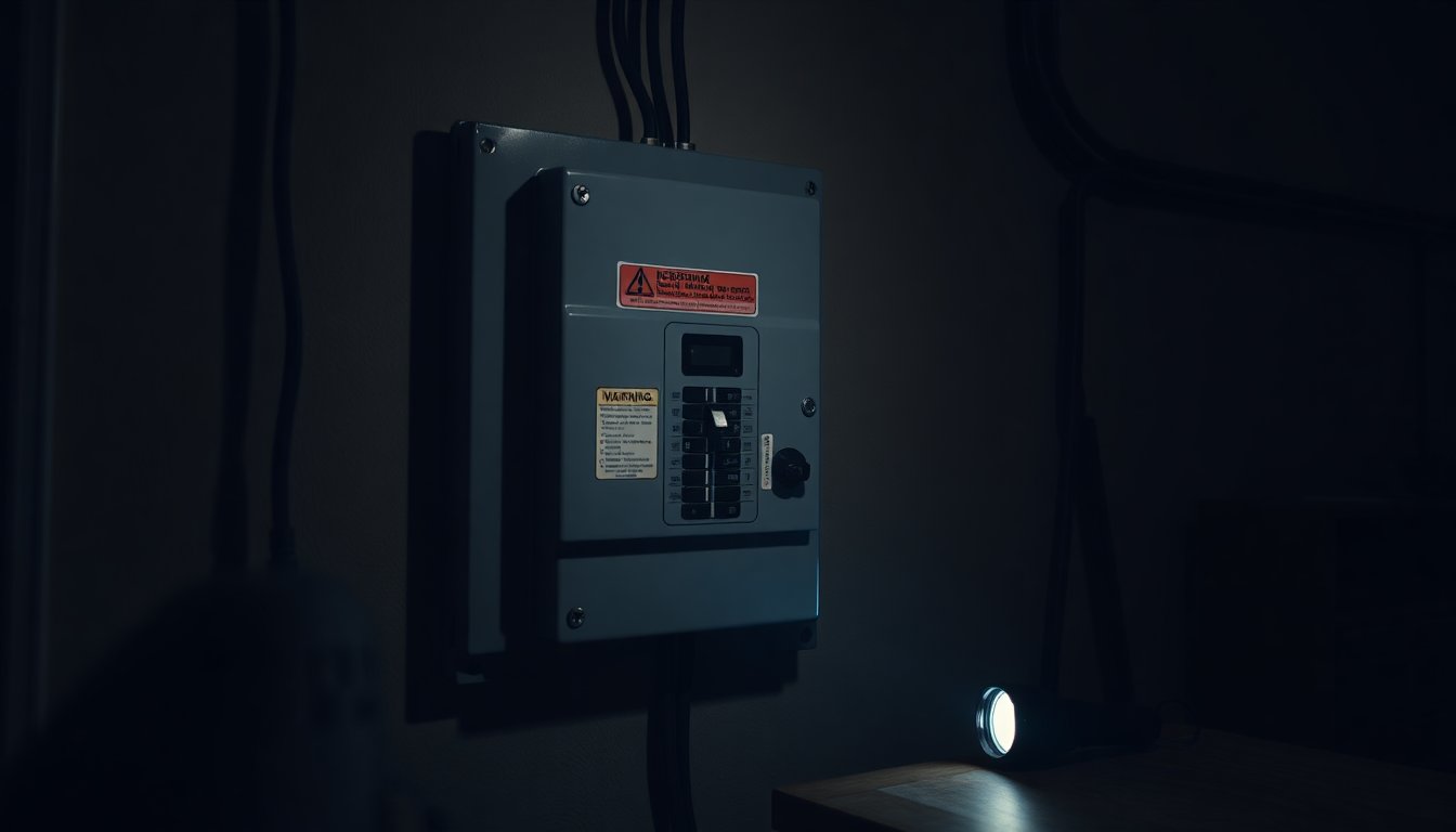 Person switching off the main electrical breaker in a home circuit breaker panel during an emergency power shutoff