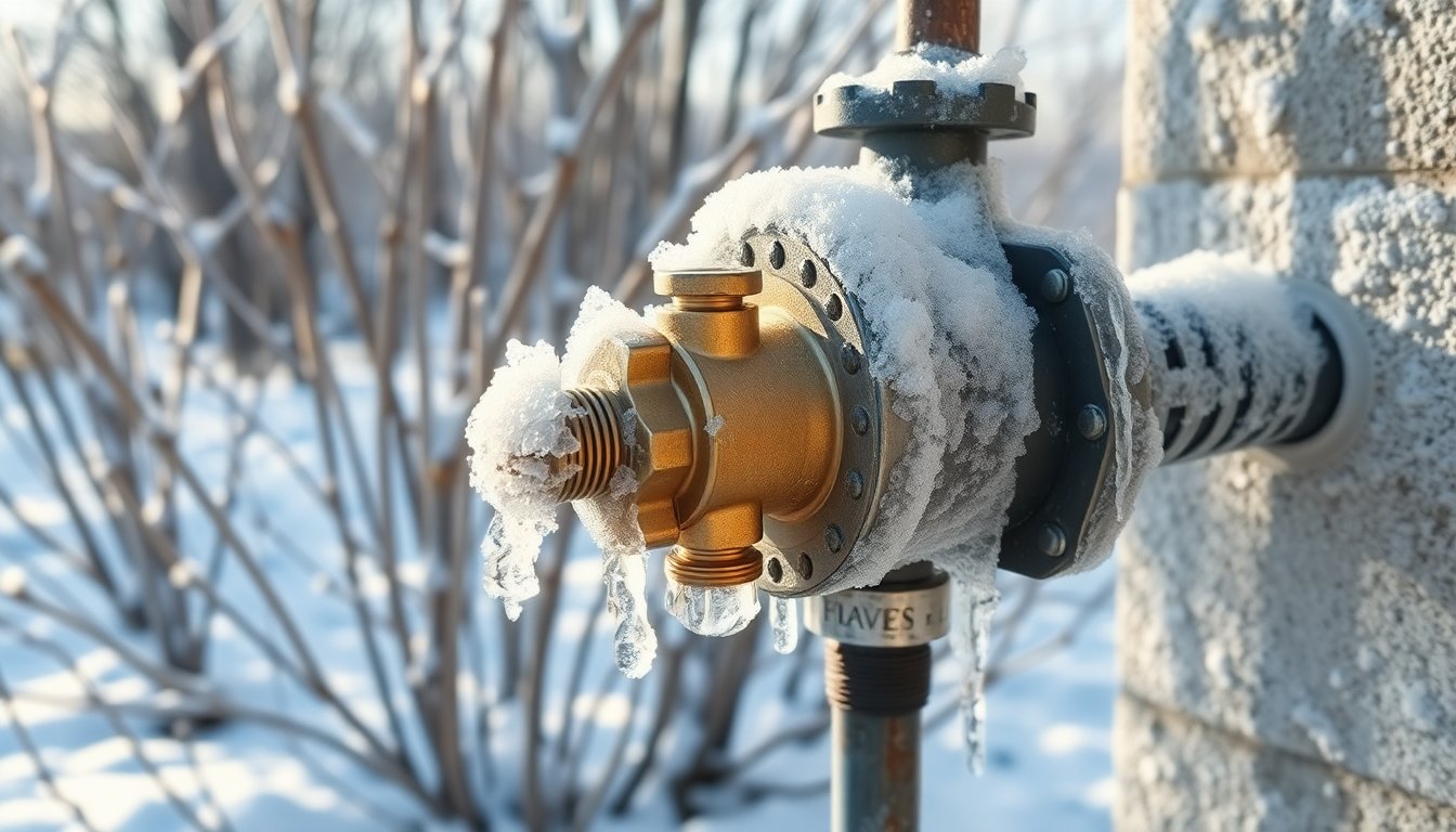 Frozen backflow prevention device with ice buildup on exposed pipes during winter weather.