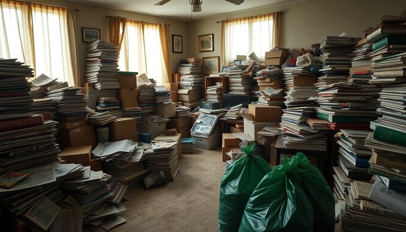 Professional hoarder cleanout service team removing clutter and debris from residential home interior