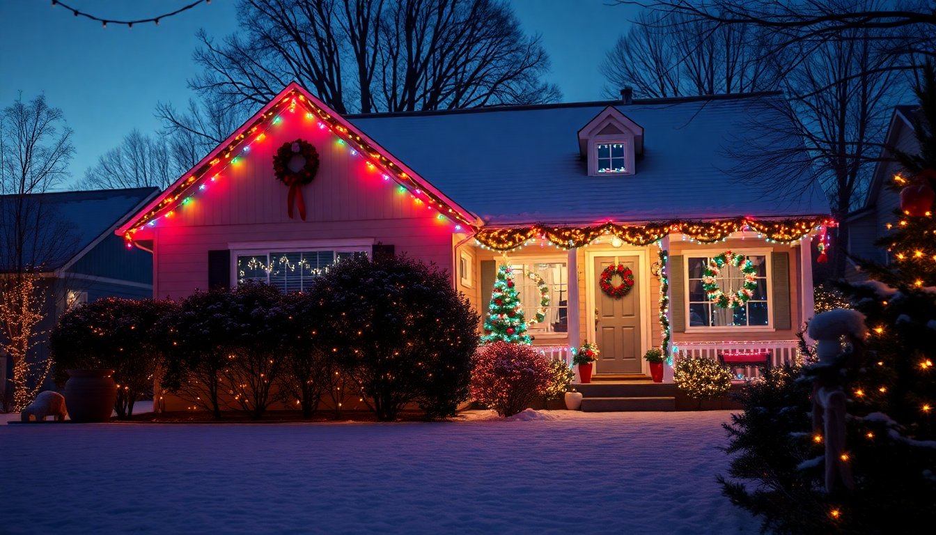 Various types of outdoor Christmas lights including LED string lights, icicle lights, and net lights displayed on a house exterior