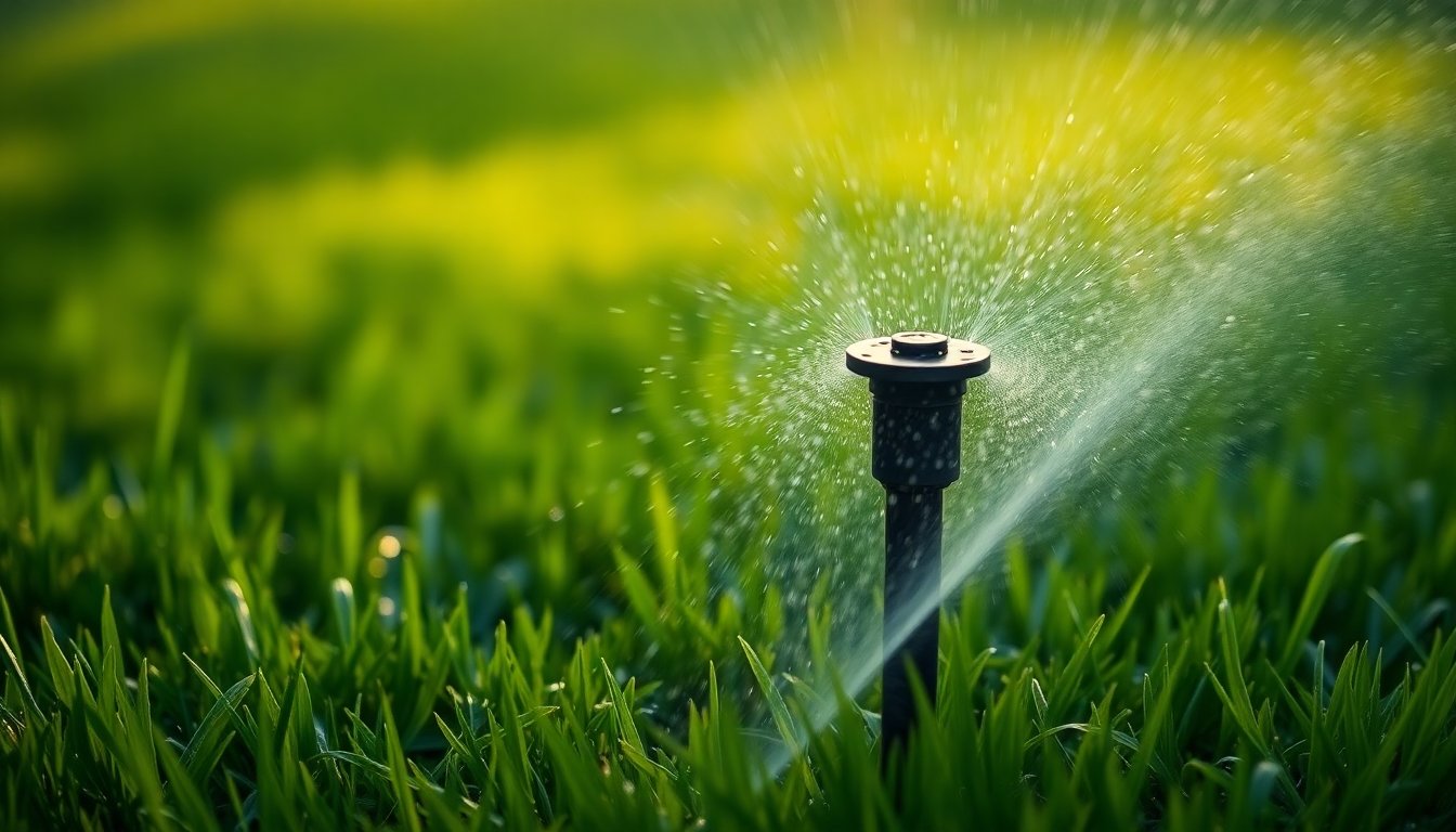 Person adjusting the spray distance on a lawn sprinkler head using a screwdriver.