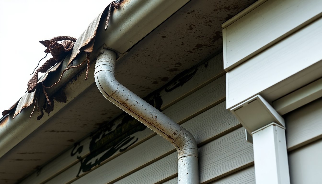 Damaged old gutters with rust, cracks, and water overflow causing foundation damage to home exterior