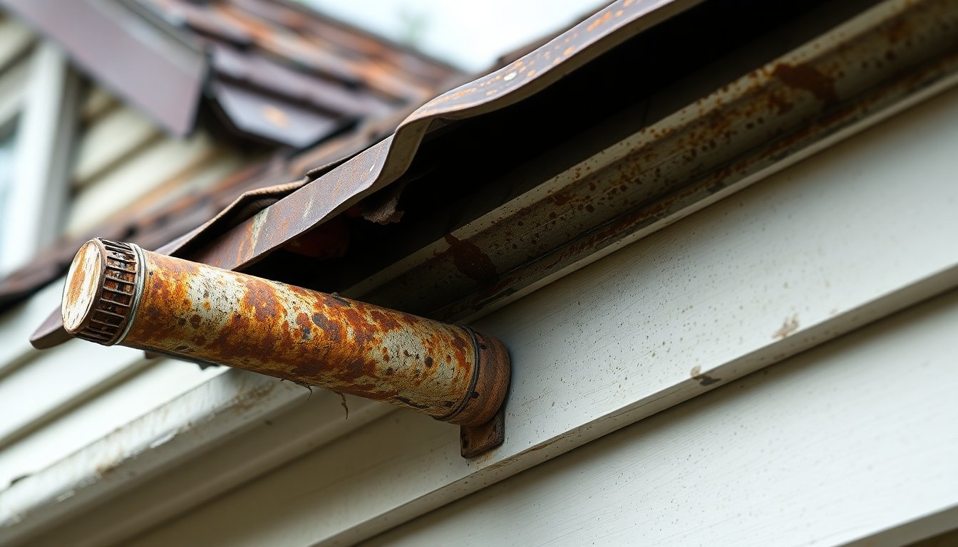 Damaged 20-year-old gutters showing rust, cracks, and sagging that need replacement on residential home