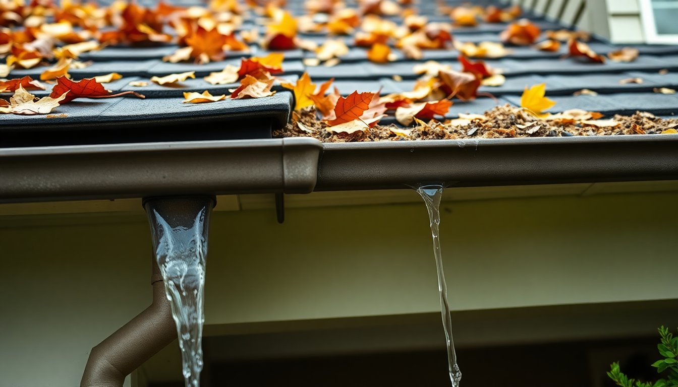 Professional gutter cleaning service cost guide with worker on ladder cleaning residential home gutters