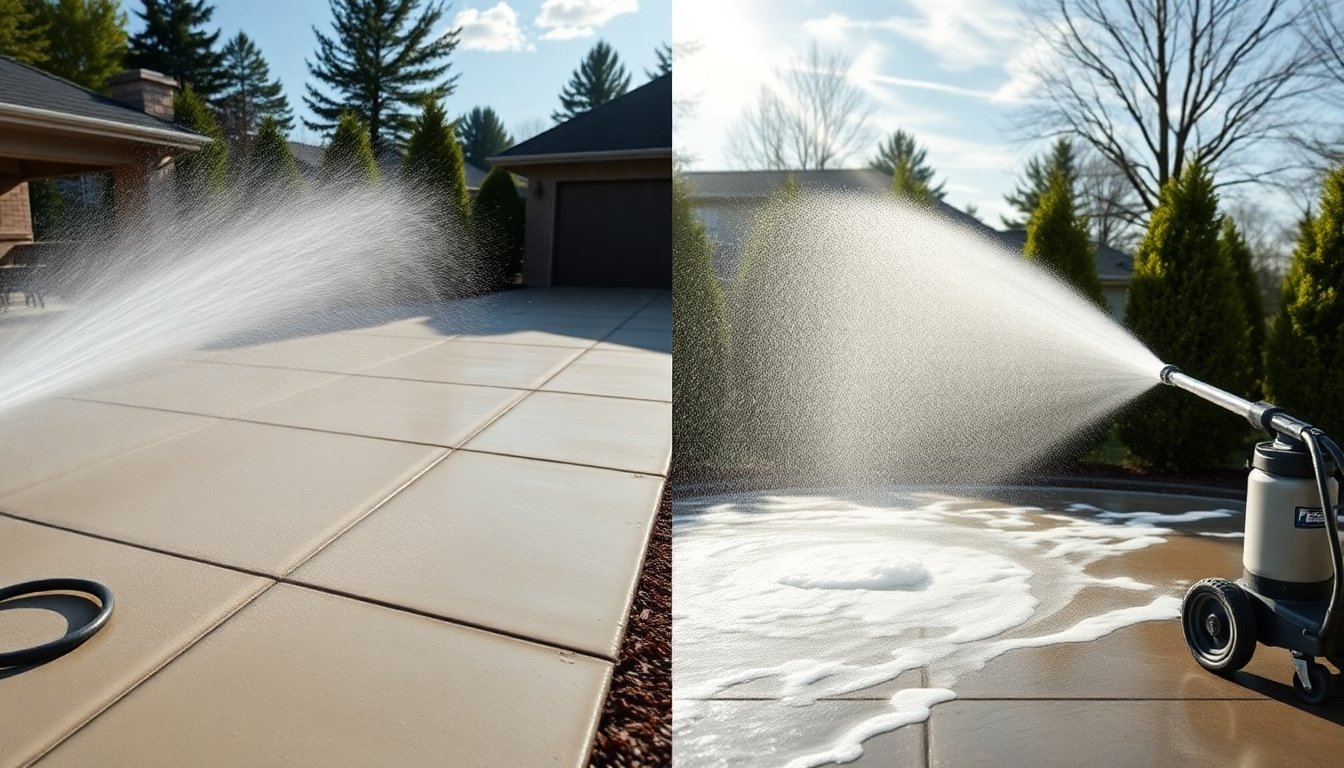 What Is Difference Between Pressure Washing and Soft Washing? Complete Guide 4 Professional pressure washing equipment next to soft washing setup showing key differences between high-pressure and low-pressure exterior cleaning methods