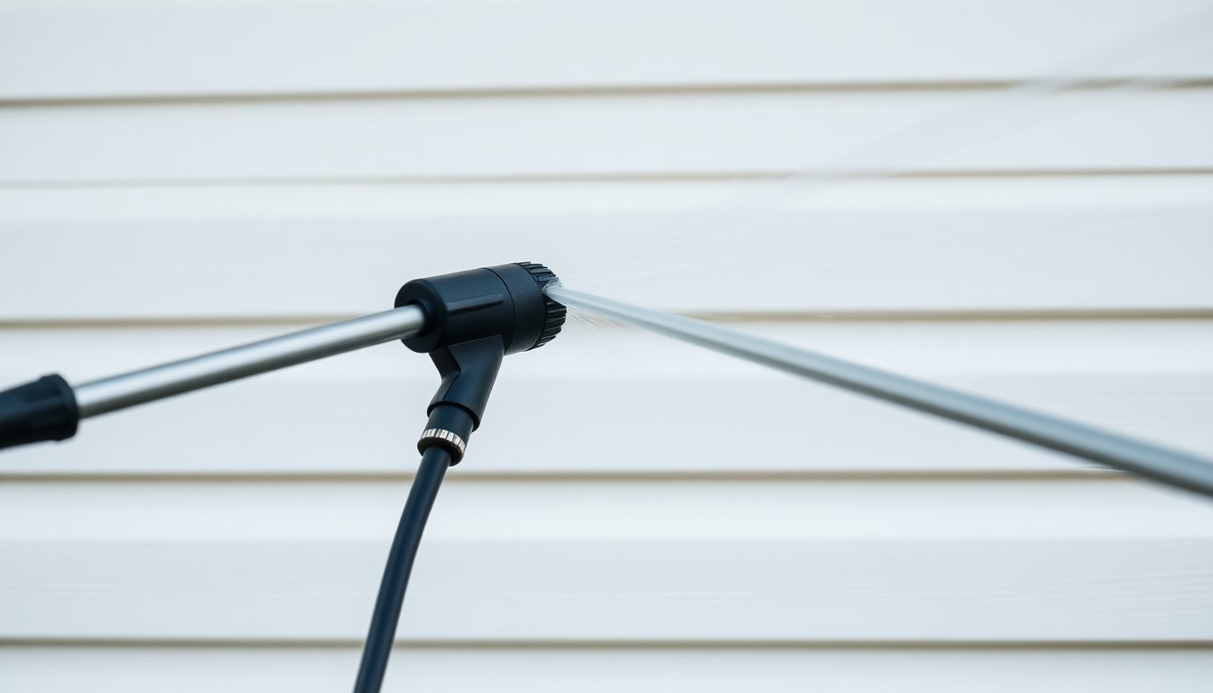 Pressure washer cleaning vinyl siding at proper PSI setting to avoid damage
