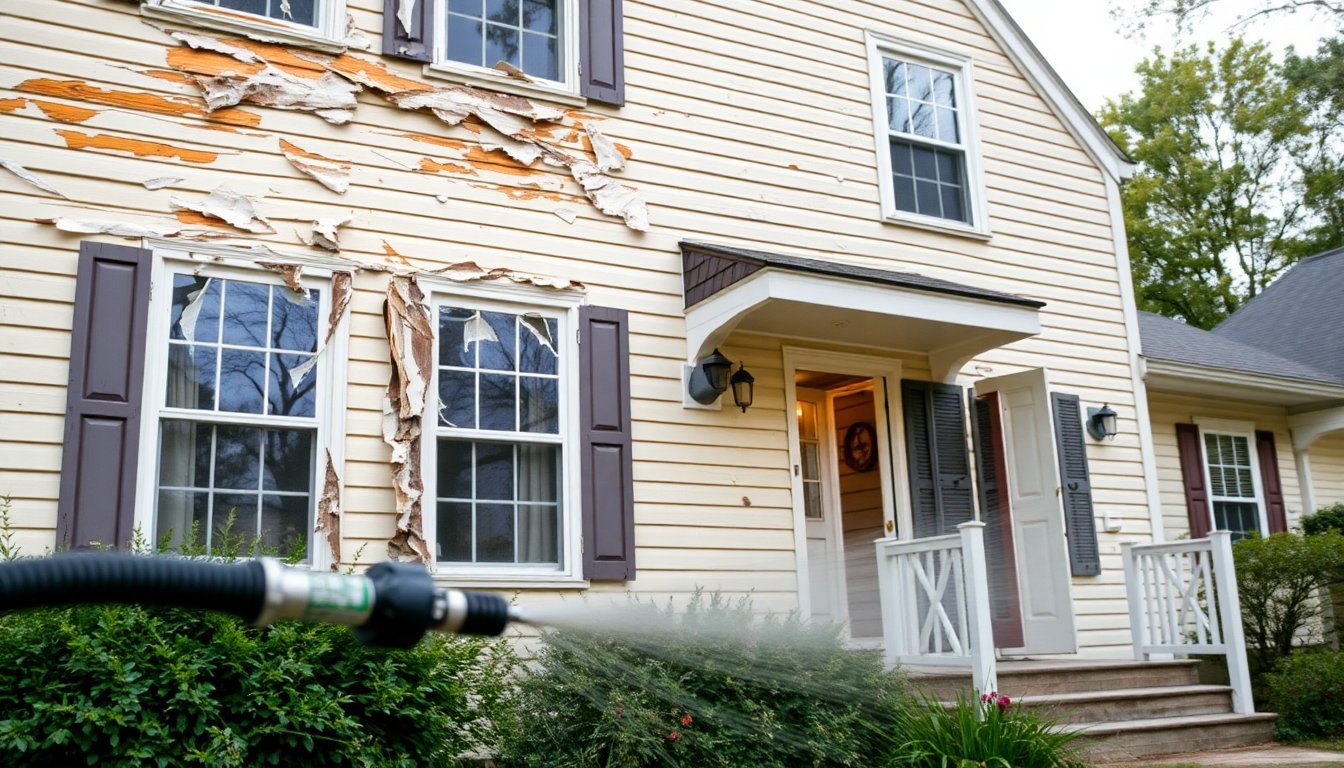 Homeowner using pressure washer incorrectly on delicate house siding causing damage to avoid