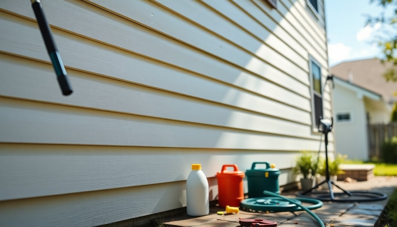 Person cleaning vinyl siding with brush and soap before pressure washing home exterior