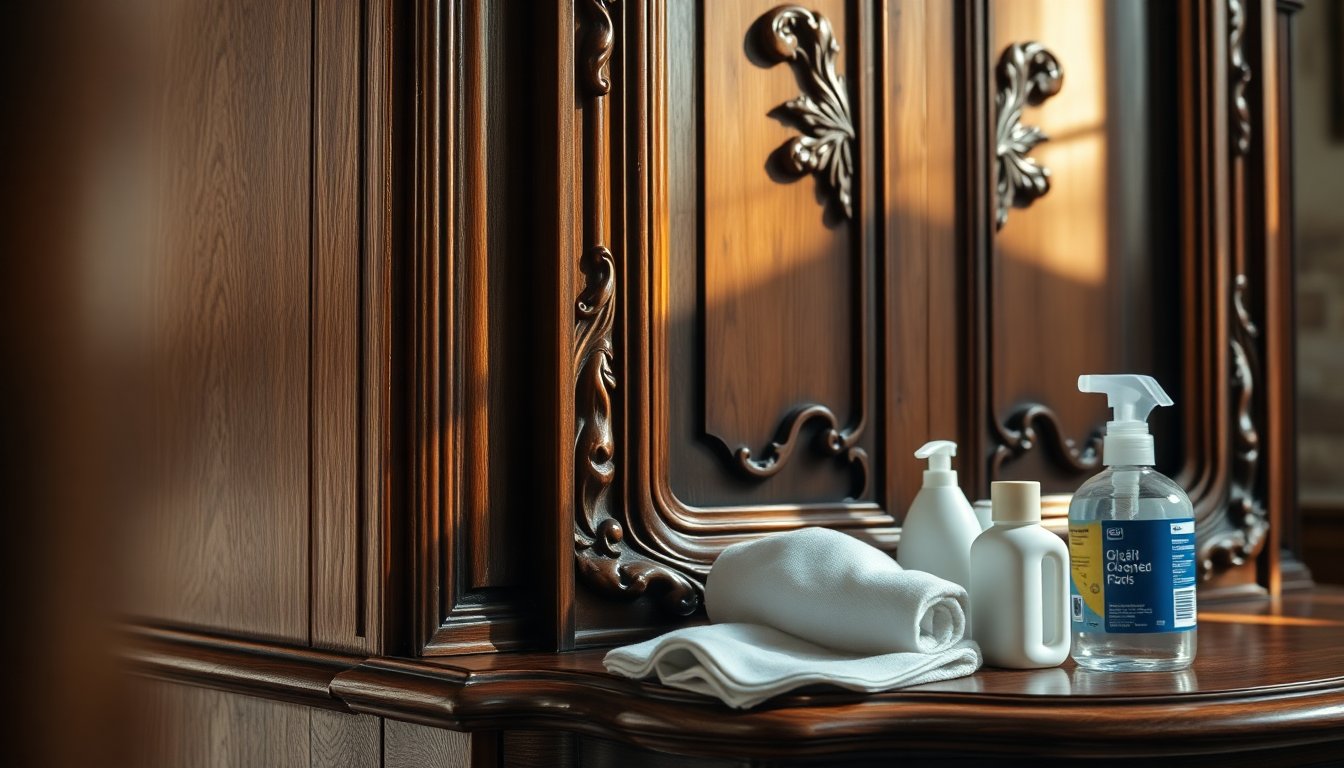 Person gently cleaning antique glazed cabinets with a soft cloth to preserve the delicate finish