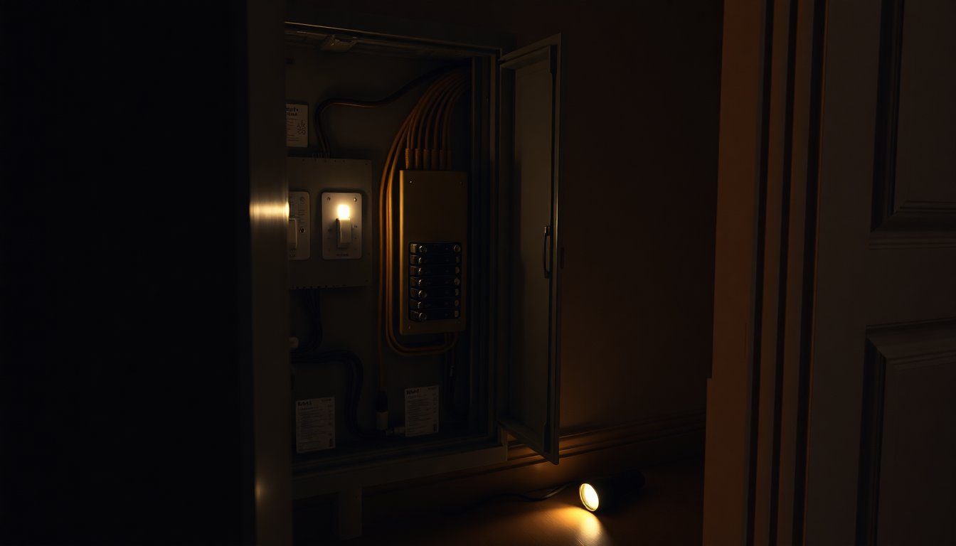 Person turning off the main electrical panel breaker switch during an electrical emergency safety procedure.