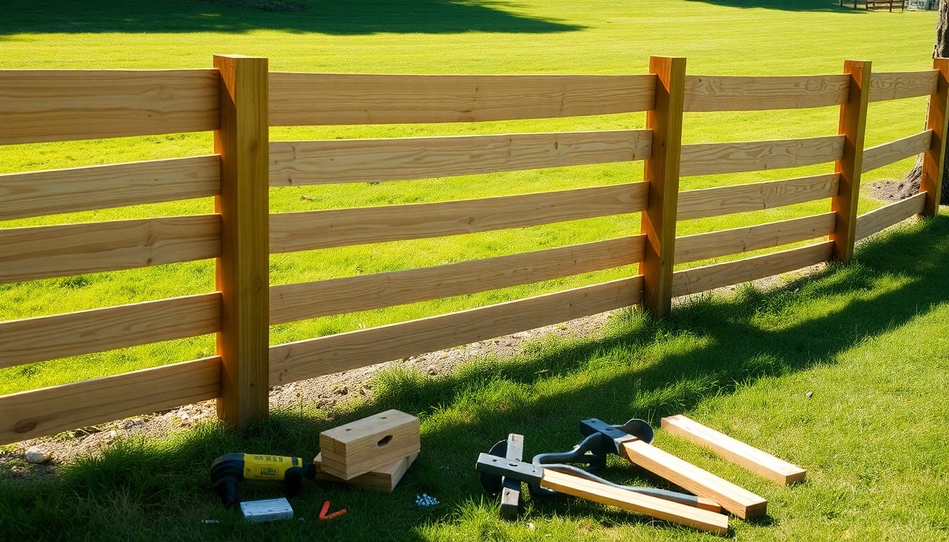 Ranch Style Wood Fence Installation Guide (2026) 2 Ranch style wood fence installation materials including wooden posts, horizontal rails, gate hardware, and construction tools laid out on grass