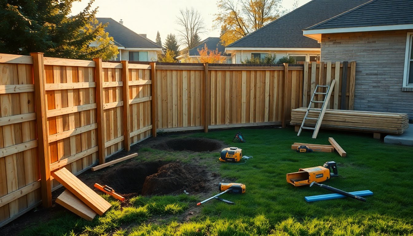 How Long Does Fence Installation Take? (2026 Timeline Guide) 3 Workers installing a wooden fence in a residential yard, illustrating factors that affect fence installation time.