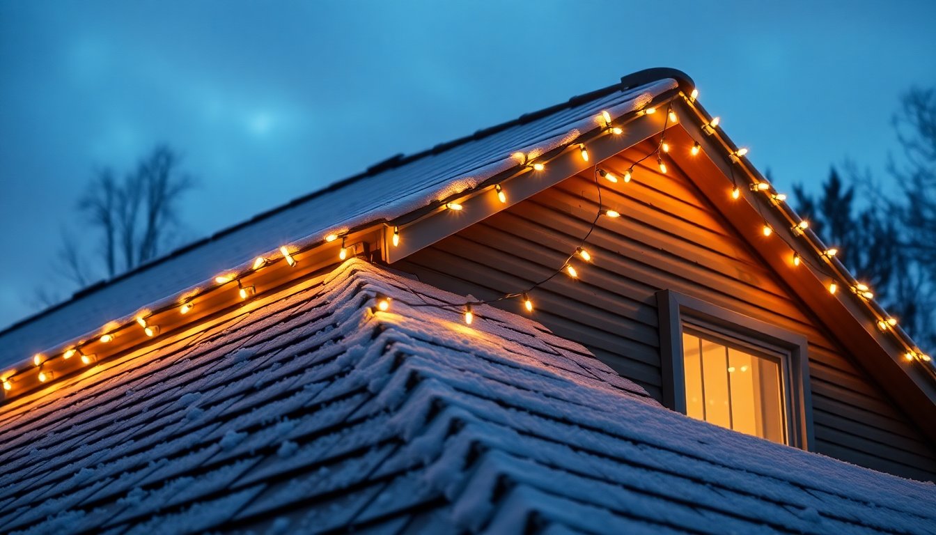 Christmas lights installed with secure clips along the edge of a steep roof for safe holiday decorating