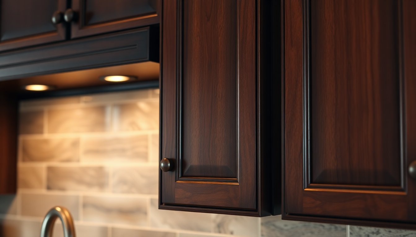 Cabinet glaze applied to dark wood cabinets showing enhanced grain and depth