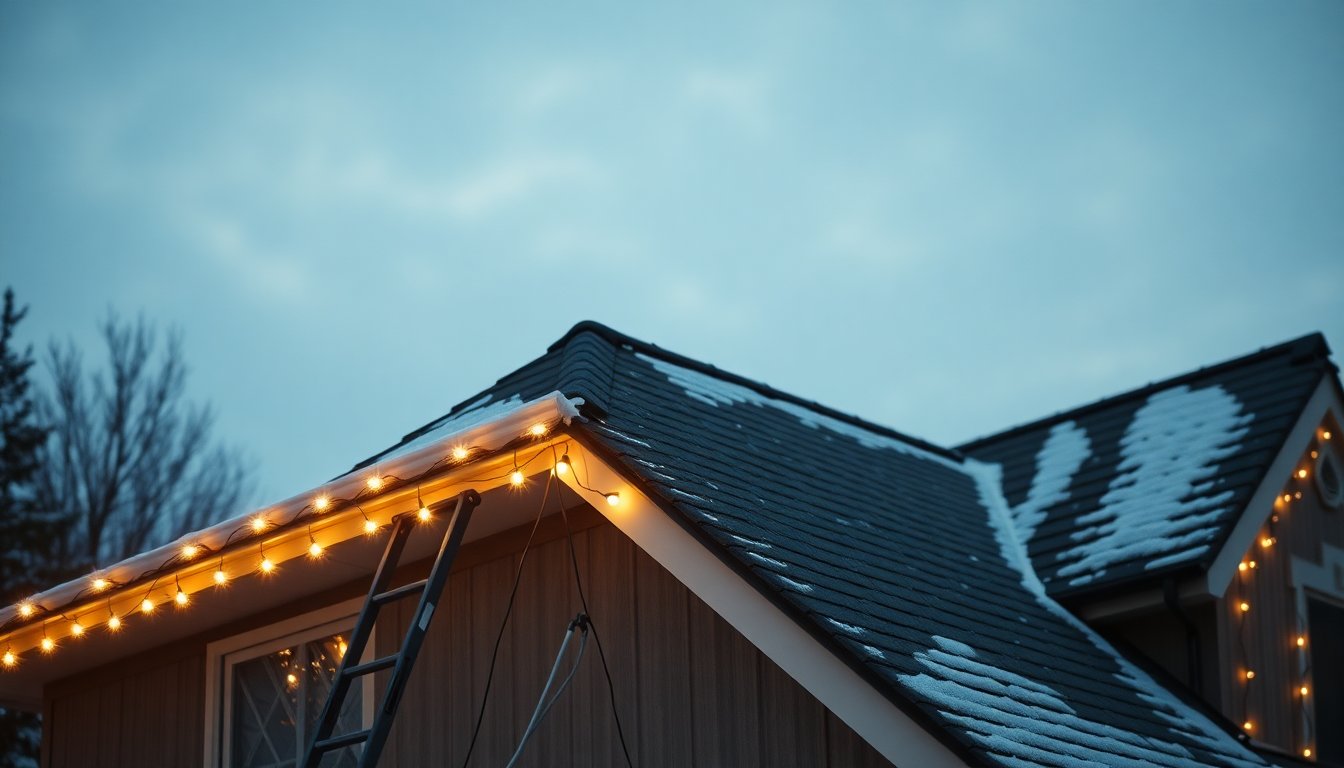 Homeowner safely installing Christmas lights on a steep roof using a safety harness and ladder stabilizer