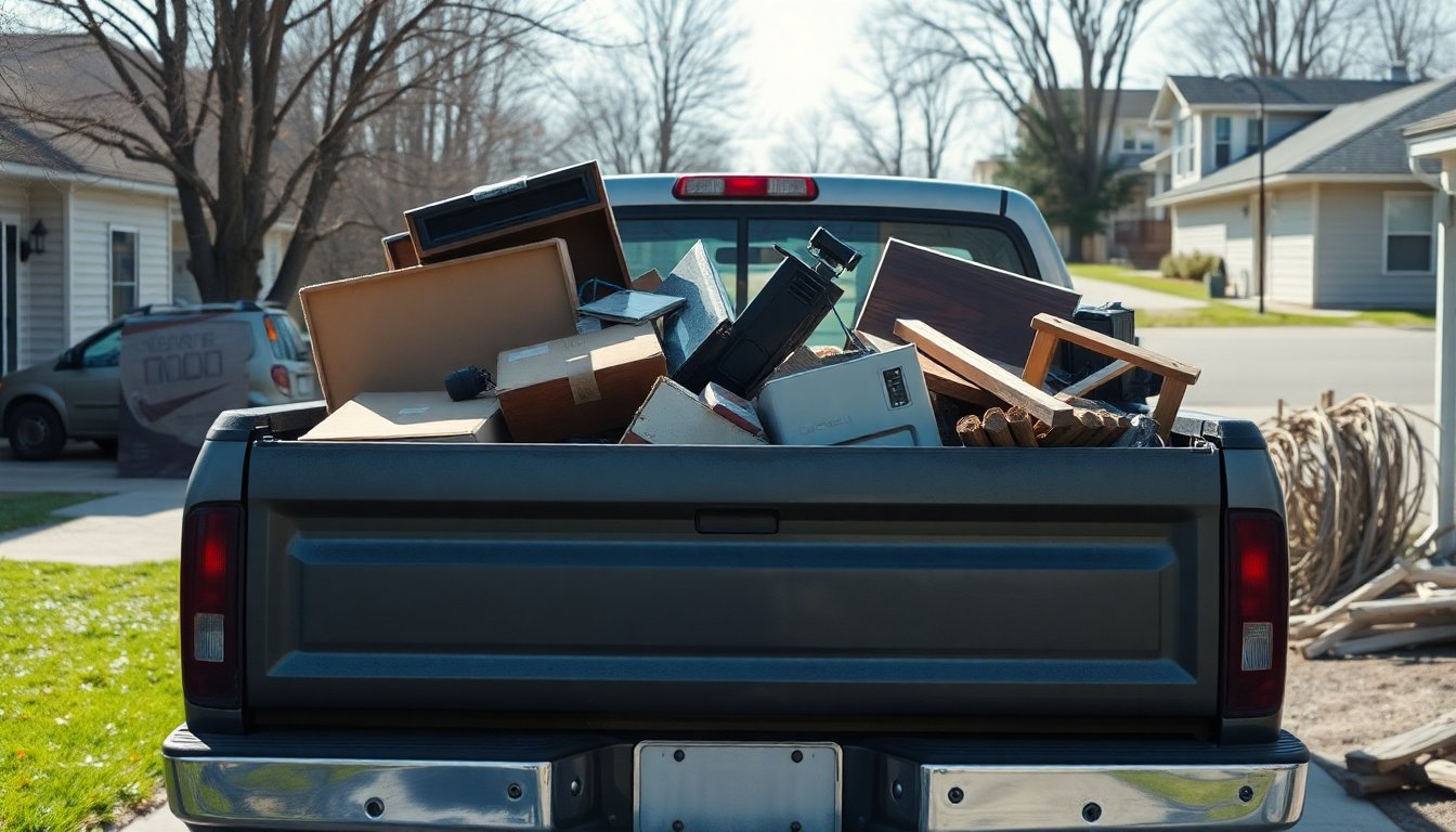 Can You Do Junk Removal With A Pickup Truck? (Complete Guide) 2 Pickup truck loaded with various junk items including furniture, appliances, and yard waste for hauling and removal
