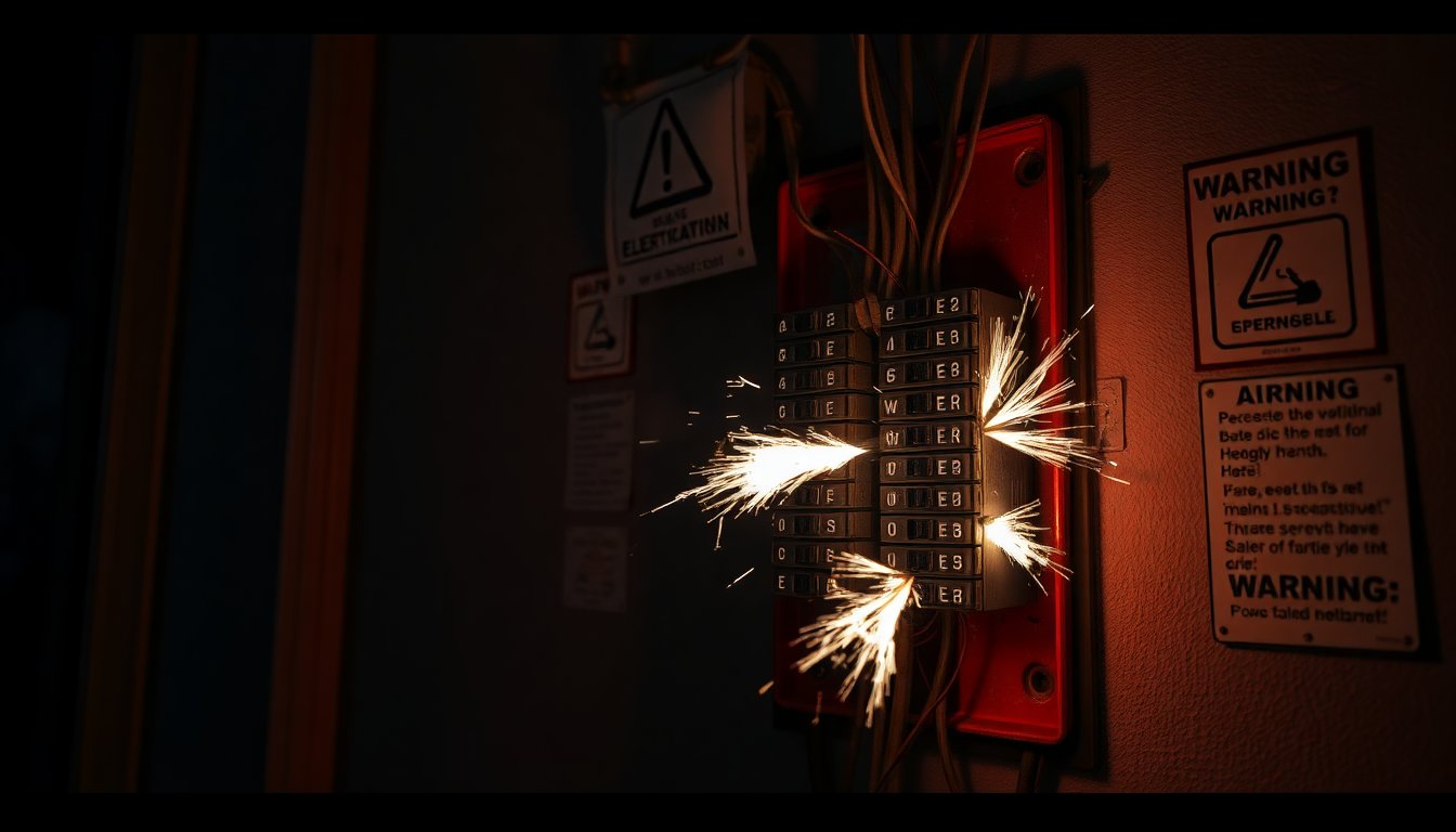 Emergency electrician inspecting a sparking electrical panel and exposed wiring in a home.