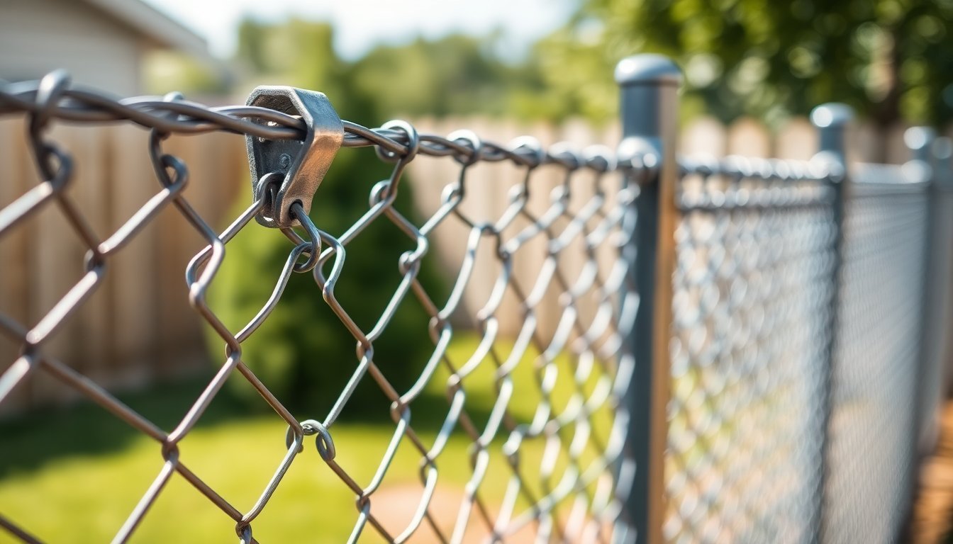 Diagram showing the parts of a chainlink fence system including posts, top rail, mesh fabric, tension bands, and fittings.