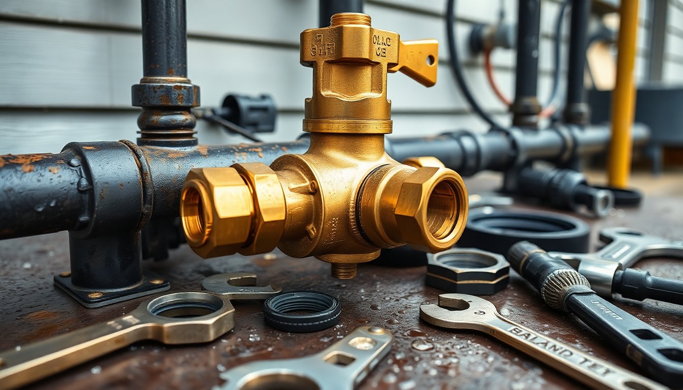 Backflow Test Failure Repair (Complete How-To Guide) 3 Assortment of backflow preventer repair tools and replacement parts including wrenches, rubber seals, springs, and valve components laid out for plumbing maintenance.