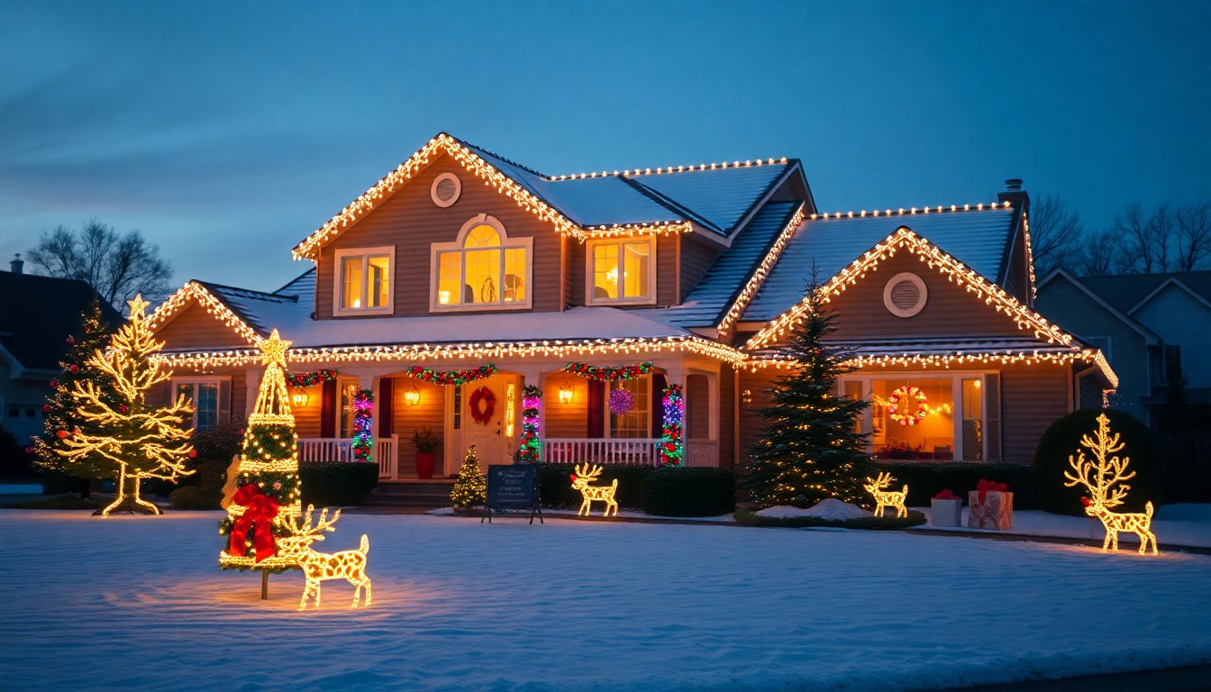 Colorful outdoor Christmas light display decorating a house with roofline lights, illuminated trees, and festive holiday decorations.