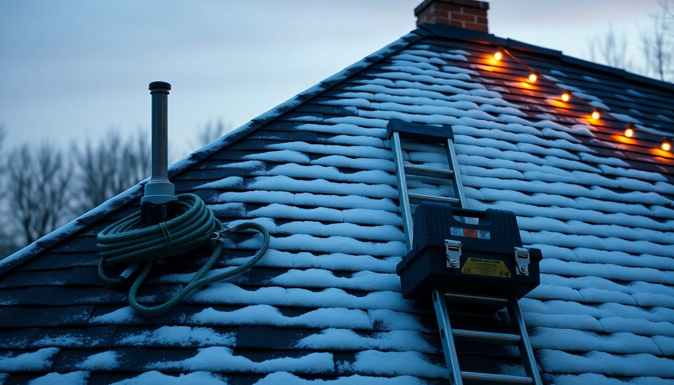 Professional installer wearing safety harness and helmet while installing Christmas lights on a steep roof