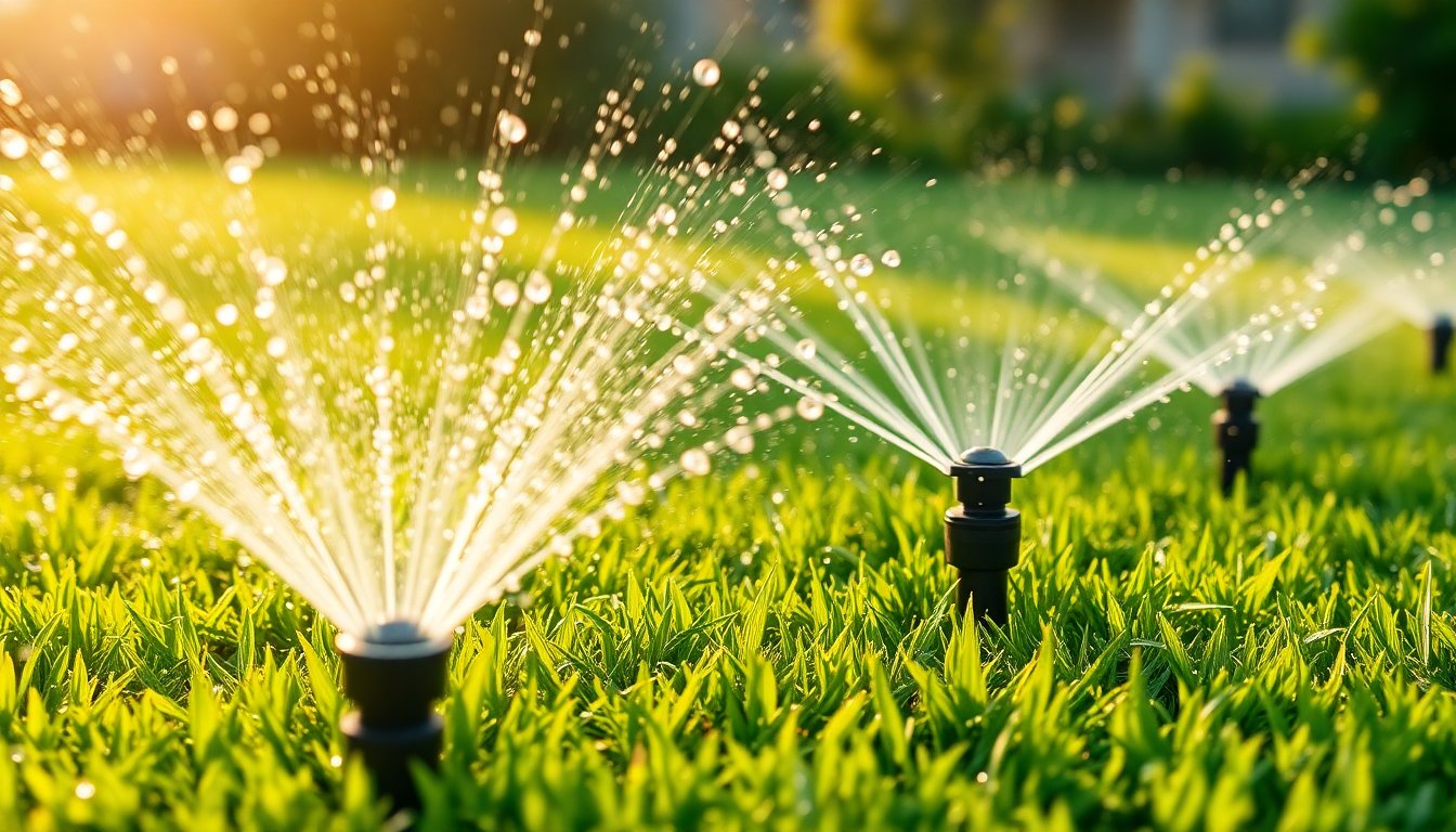 Diagram showing different types of sprinkler heads including spray, rotor, and rotary nozzles with adjustment mechanisms