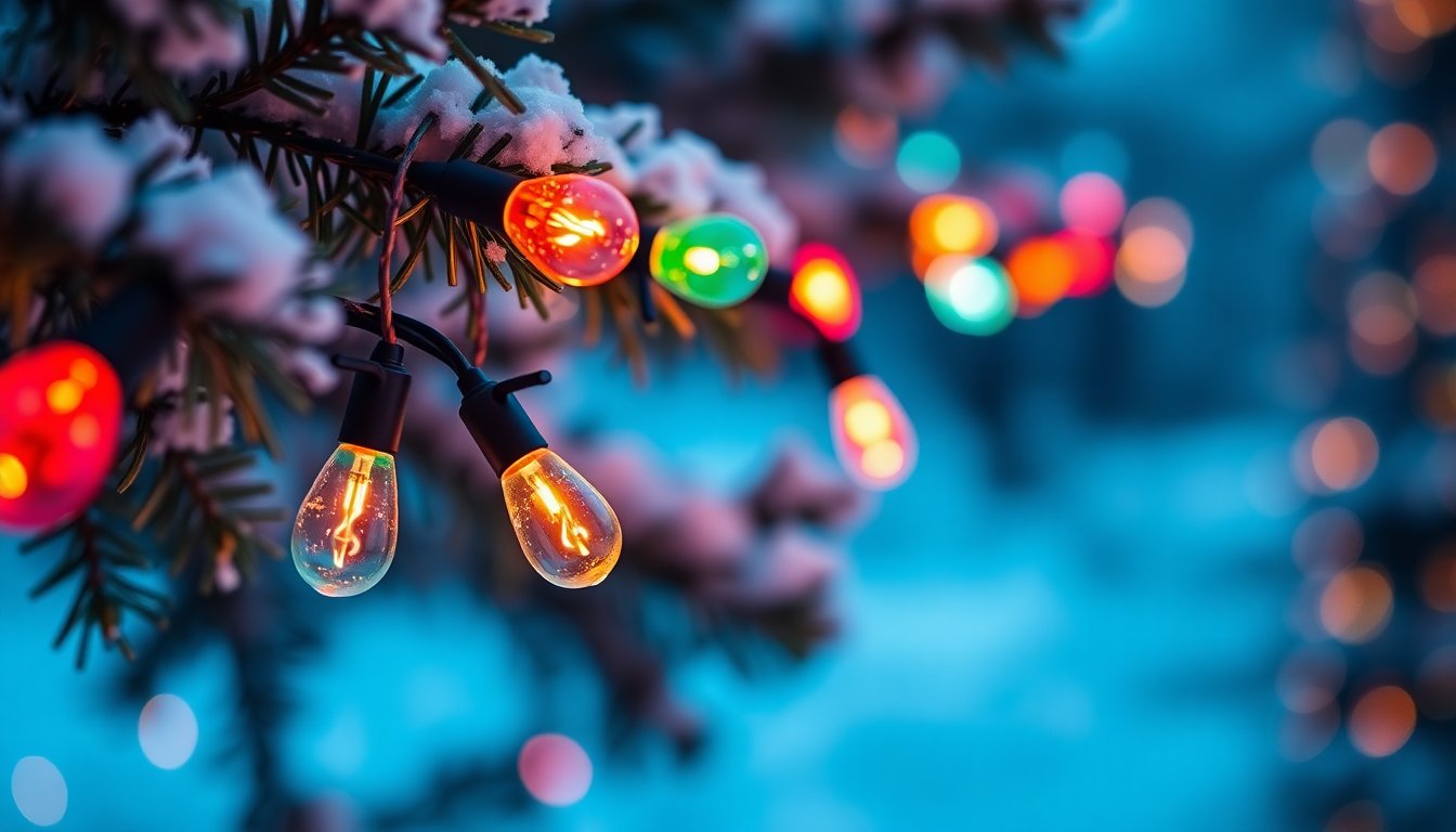 Various Christmas lights with factors affecting their lifespan including weather exposure, voltage, bulb type, and usage duration.
