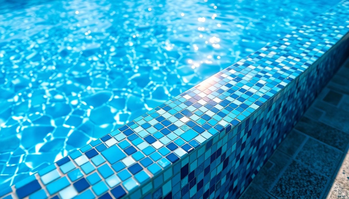 Various pool tile styles and materials including glass, ceramic, porcelain, and natural stone in different colors and finishes for swimming pool design.