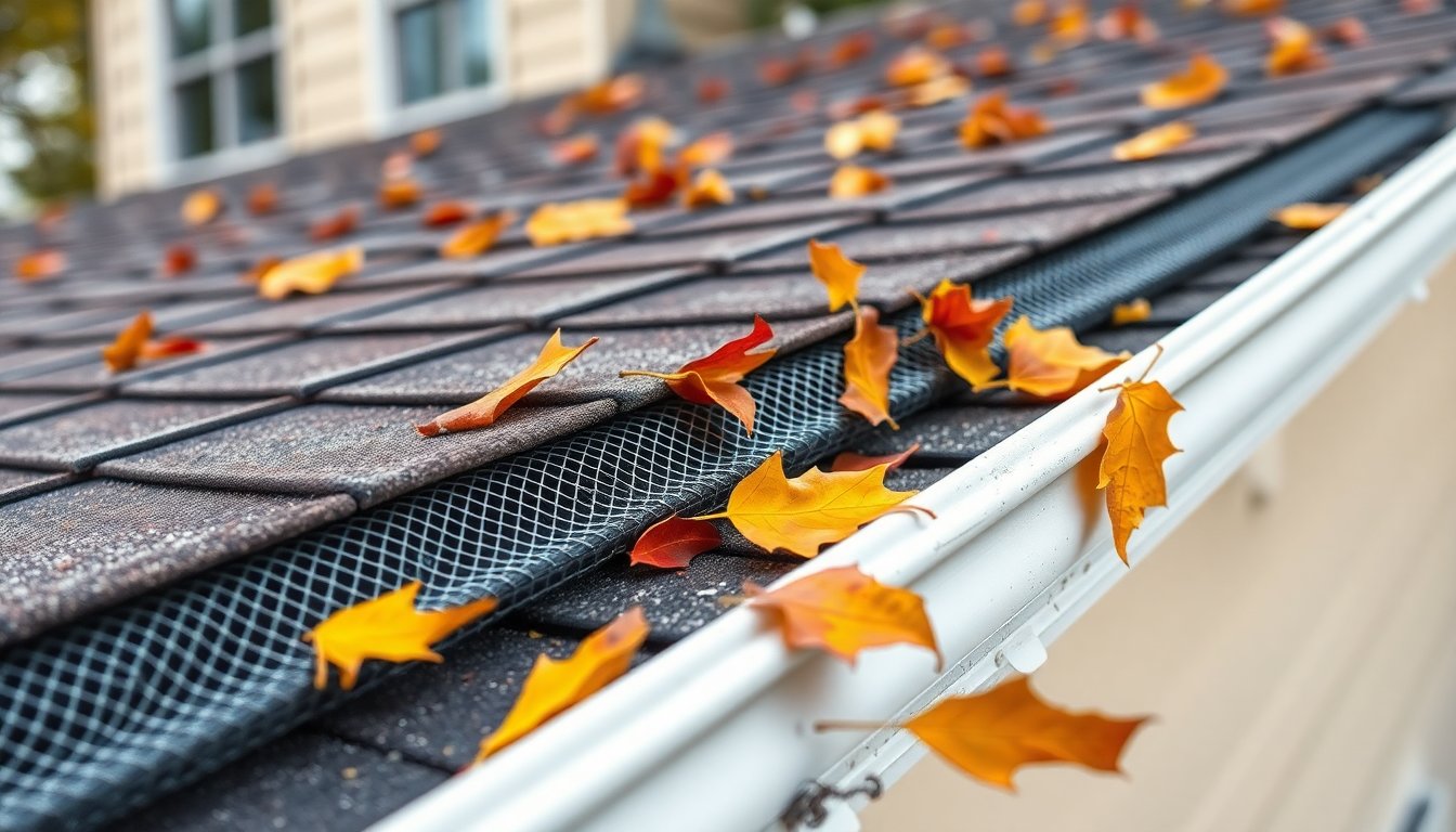 Professional roofer installing mesh gutter guards on residential home gutters for leaf and debris protection