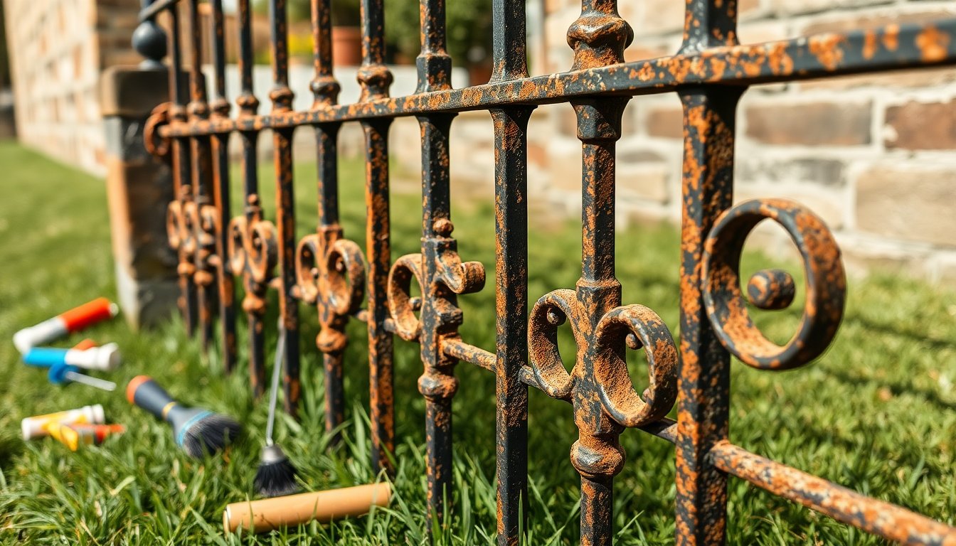 Person inspecting rust damage and corrosion on wrought iron fence posts and railings for maintenance assessment