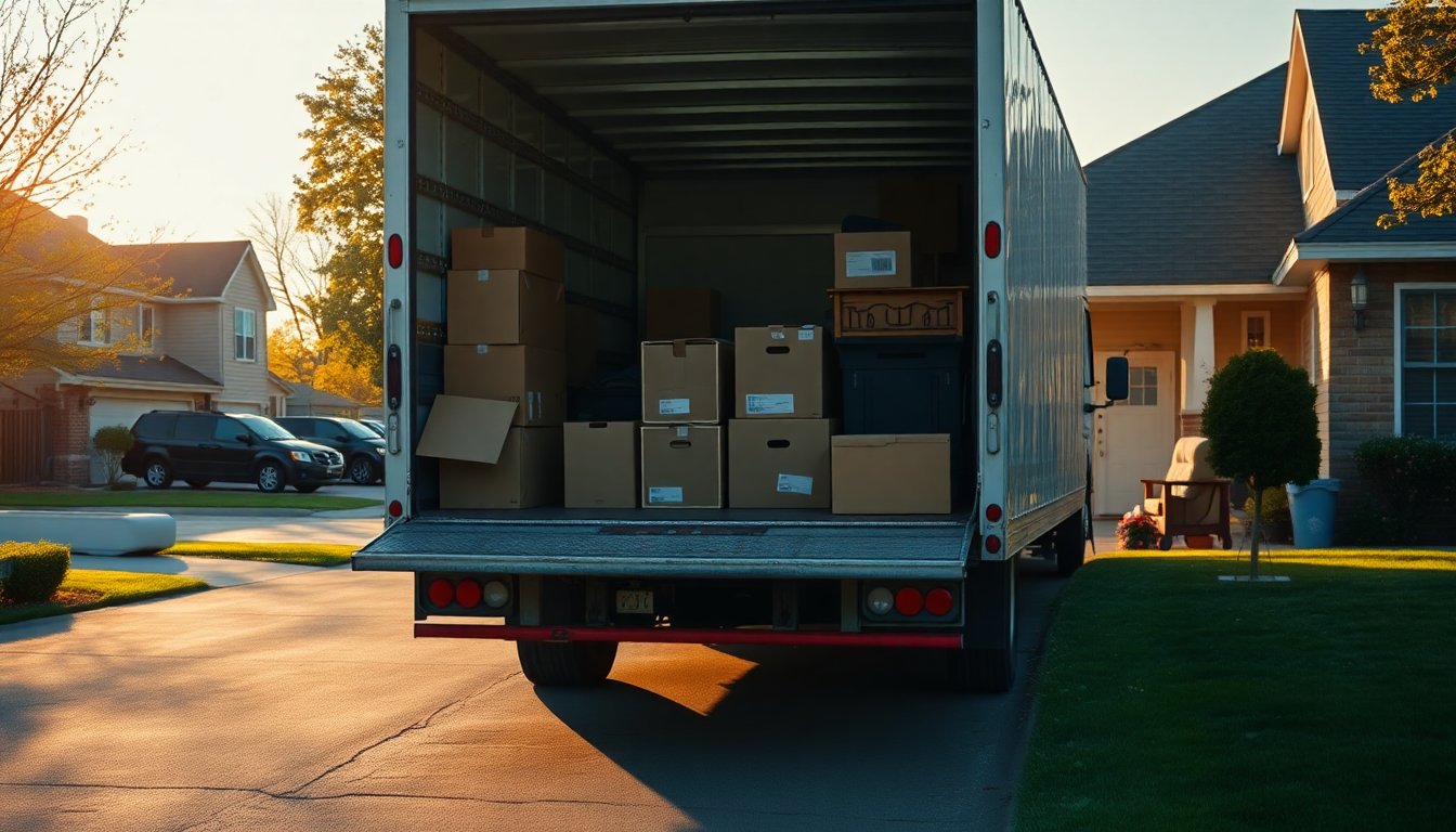 Professional moving company cost breakdown showing movers loading boxes and furniture into a moving truck.