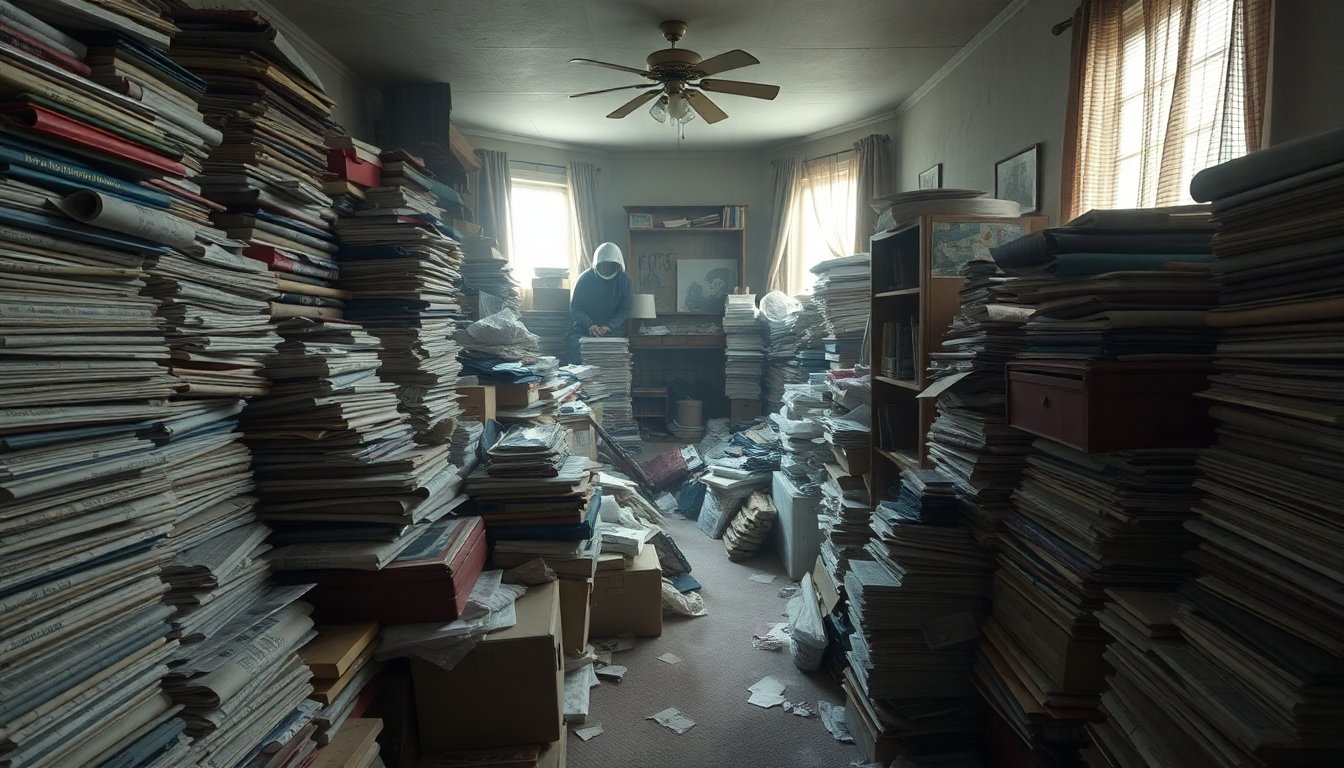 Professional hoarder cleanout service team removing clutter and debris from cluttered home interior