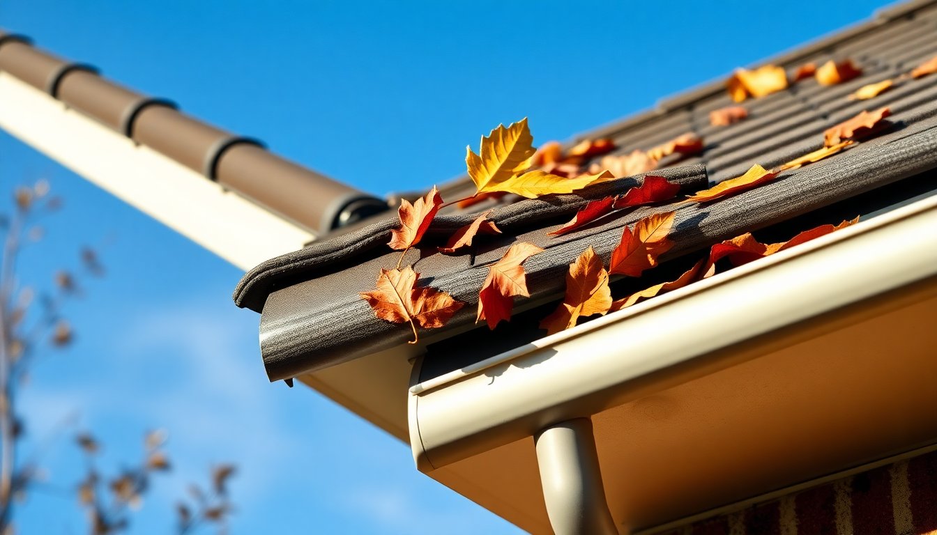 Professional roofer installing gutter guards on residential home to prevent debris buildup and reduce maintenance