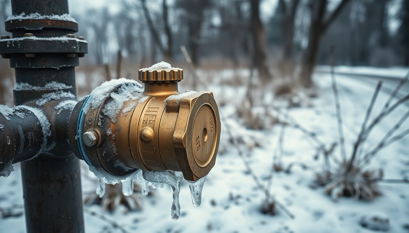 Frozen backflow prevention device showing ice damage from cold weather affecting plumbing components