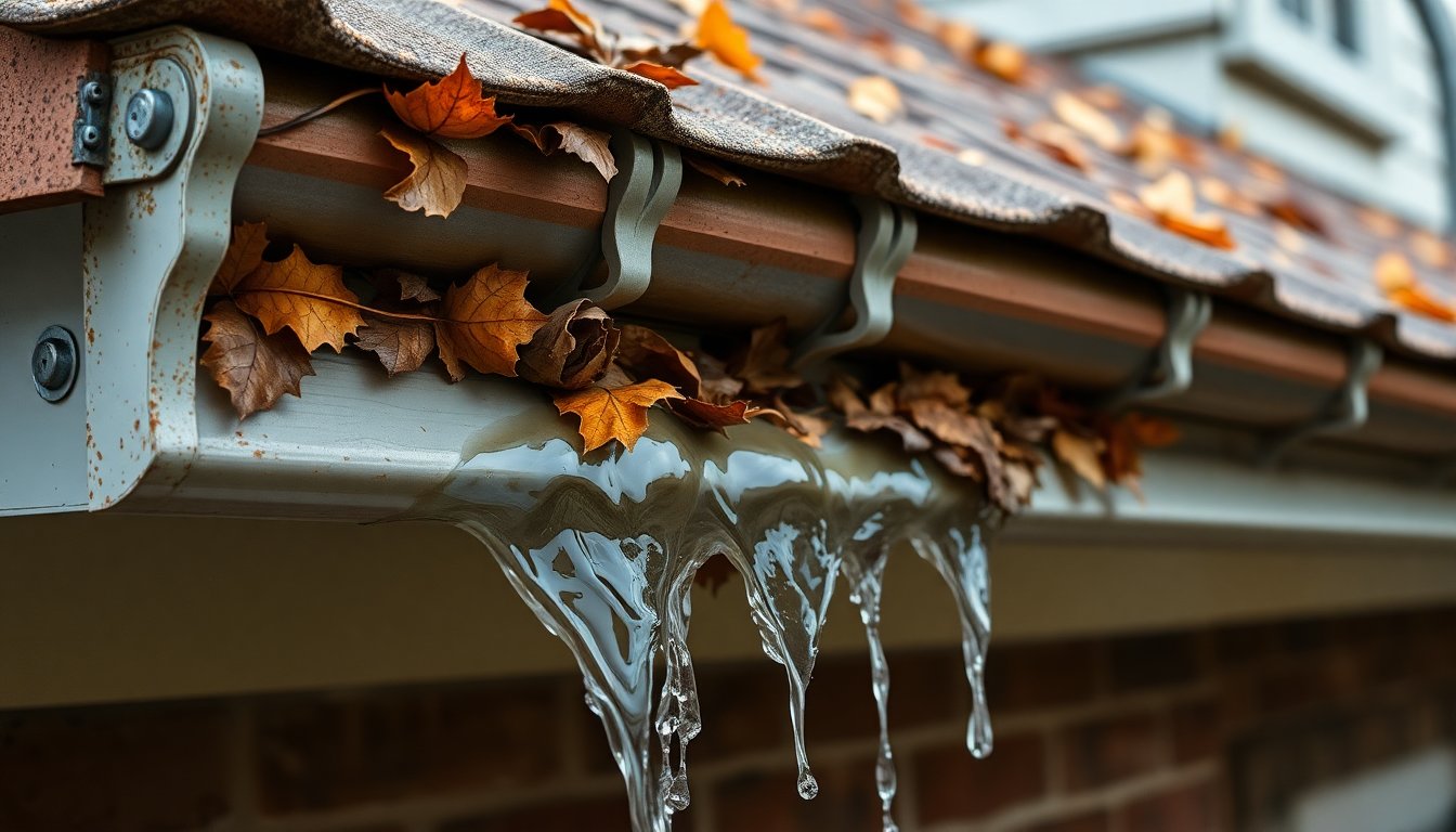 Damaged residential gutters showing common problems like clogs, sagging, and rust that homeowners frequently encounter