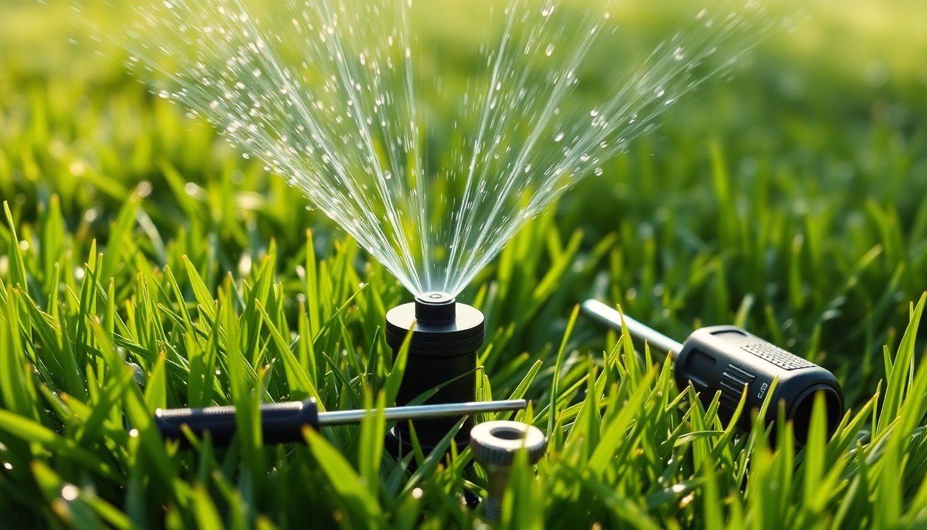 Essential tools for adjusting sprinkler heads including a screwdriver, pliers, and adjustment key