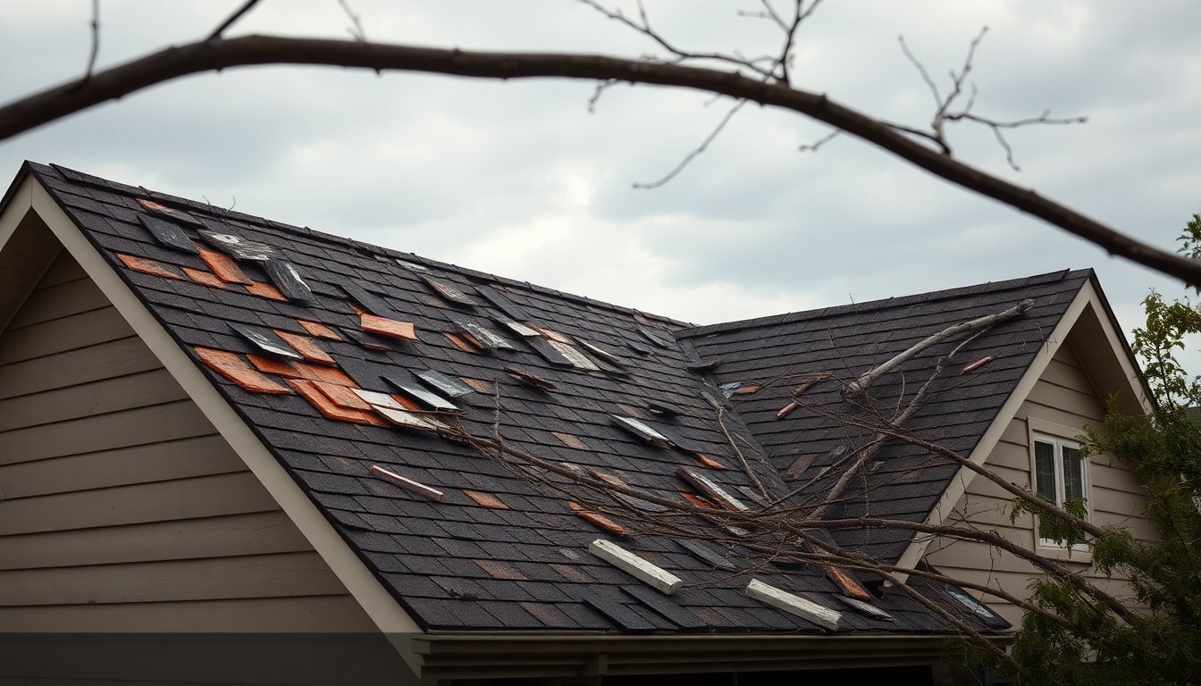 Damaged roof with missing shingles and storm damage covered by homeowners insurance policy