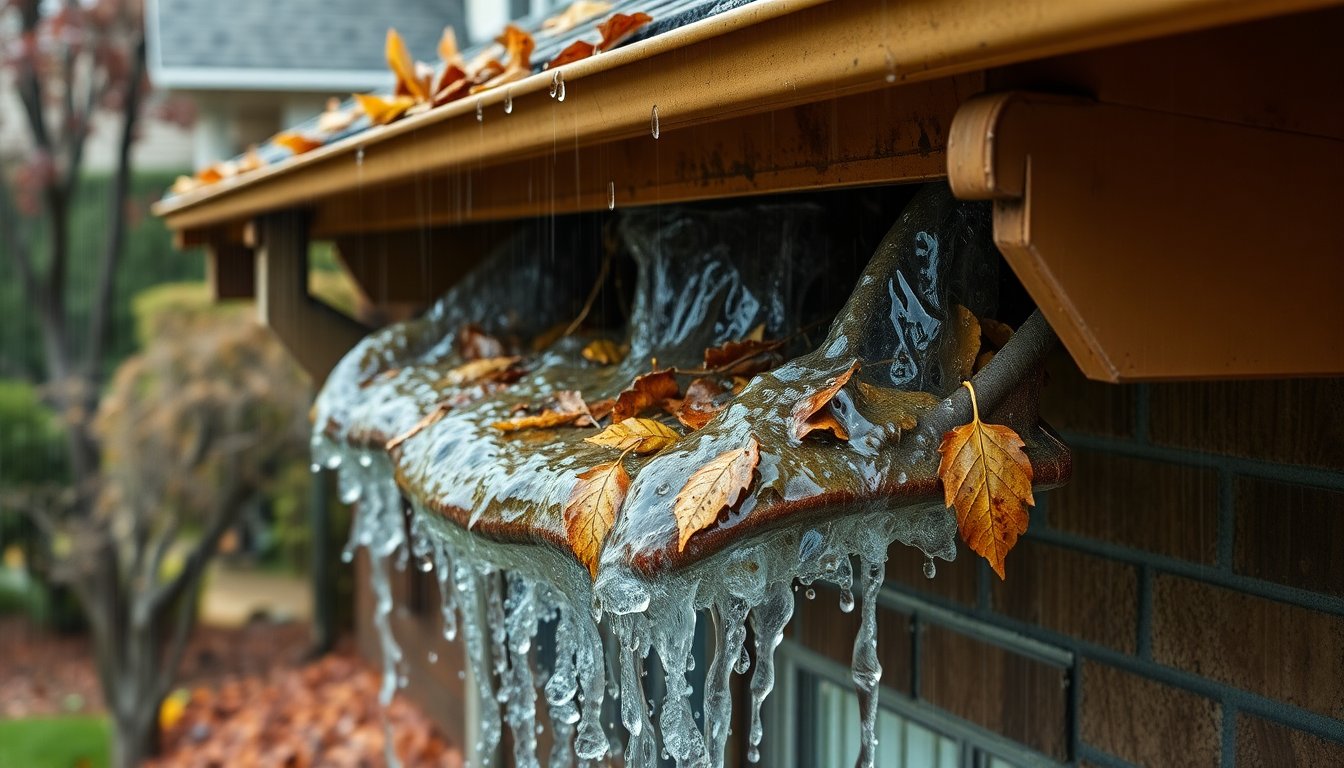 Clogged gutters overflowing with water and debris causing roof and foundation damage to home exterior