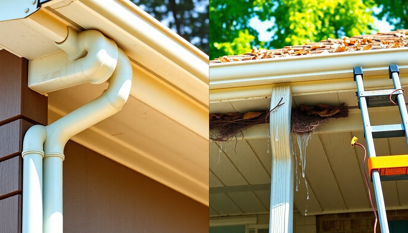 DIY homeowner on ladder cleaning gutters compared to professional gutter cleaning service worker with safety equipment