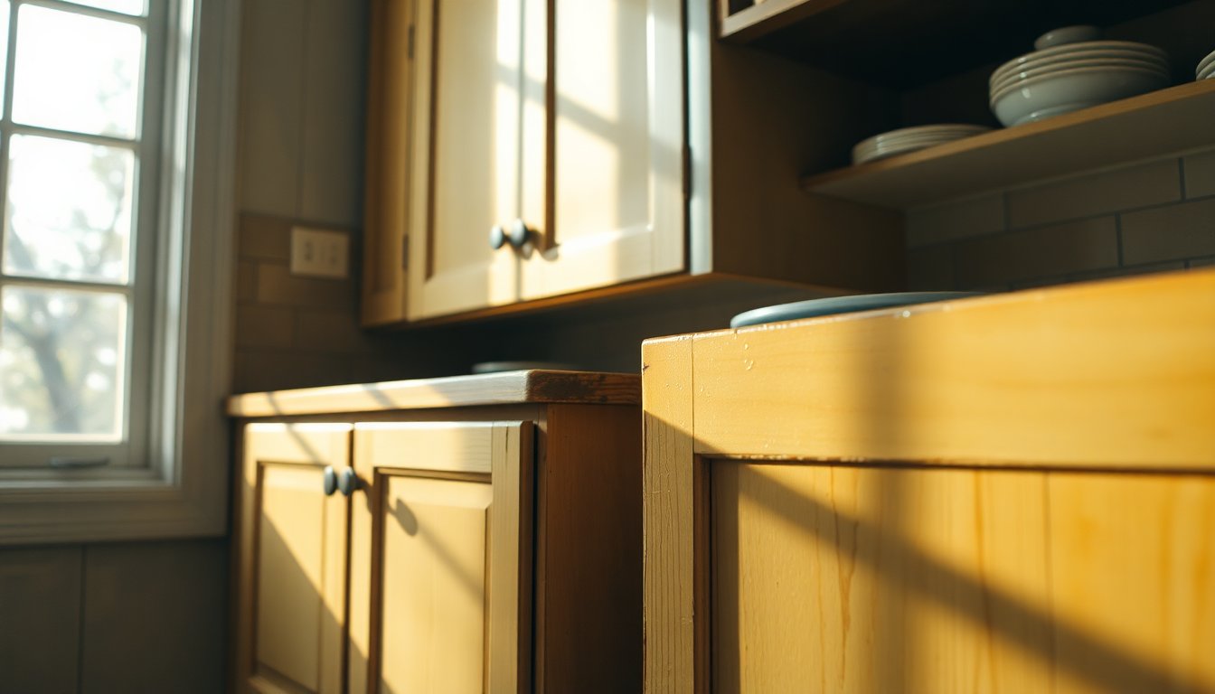 Aged kitchen cabinet with yellowed glaze finish showing discoloration over time
