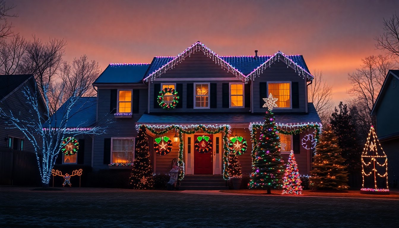 Colorful outdoor Christmas light display featuring popular 2026 holiday themes with festive decorations.